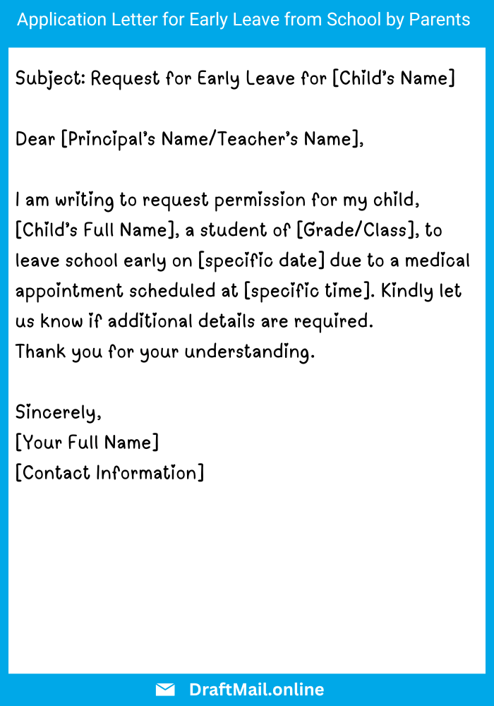 Application Letter for Early Leave from School by Parents